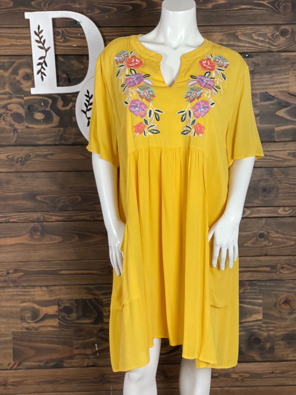 JODIFL | Mustard Yellow Embroidered Floral Short Sleeve Swing Dress Multicolored